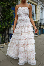 Sexy Lace Trim Print Tiered Ruffle Hem Cami Maxi Dress image 4
