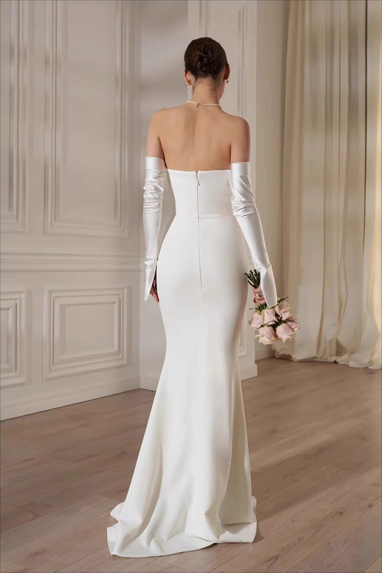Minimalist Elegant Ruched Satin Mermaid Reception Dress image 2