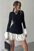 Color Block Ruched Fitted Flared Sleeve Ruffled Hem Mini Dress image 1