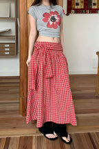 Color Block Plaid Tie Side Zip Loose Skirt image 2