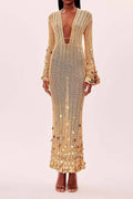 V Neck Belted Sequin Knit Maxi Dress image 1