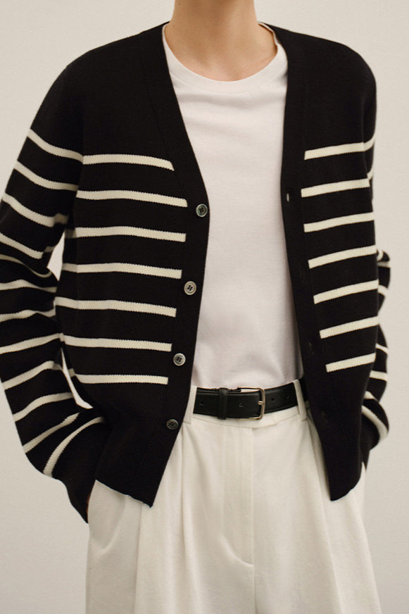 Knit Striped V Neck Colorblock Cardigan image 5