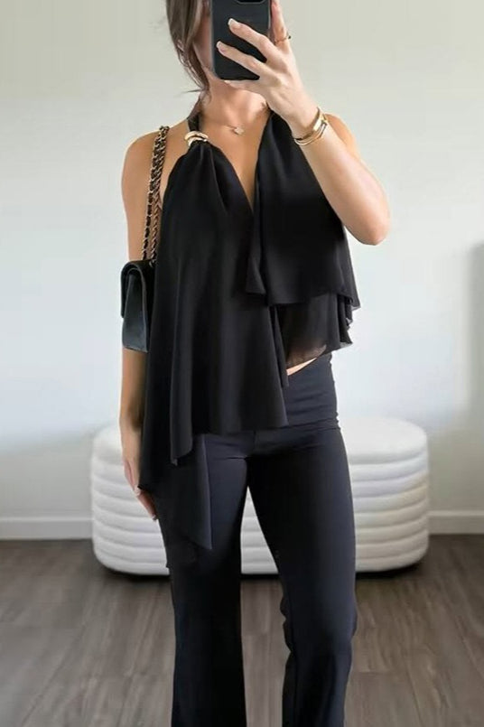 Mesh Asymmetrical Solid Halter Cami Top image 6