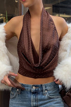 Polka Dot Color Block Backless Halter Crop Top image 1