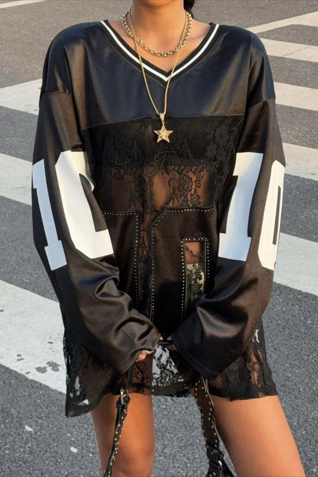 Lace Sheer V Neck Print Sweatshirt image 2