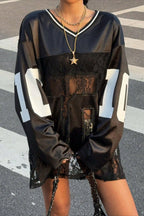 Lace Sheer V Neck Print Sweatshirt image 2