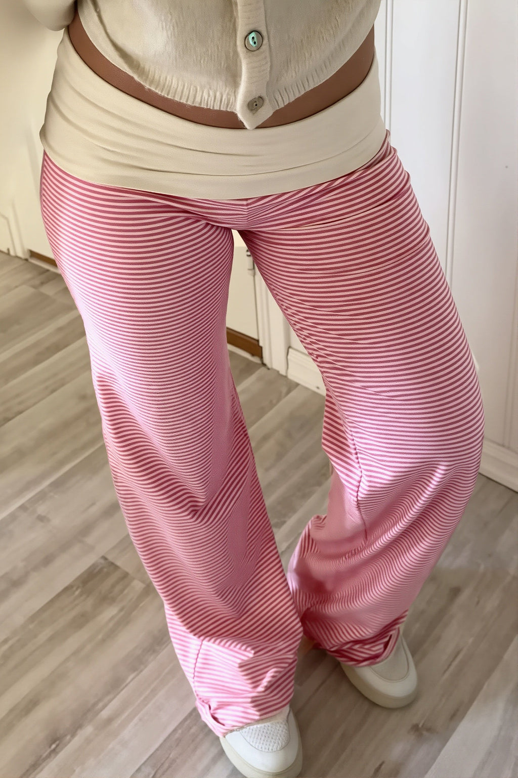 Fold Waist Stripe Knit Straight Pants image 2