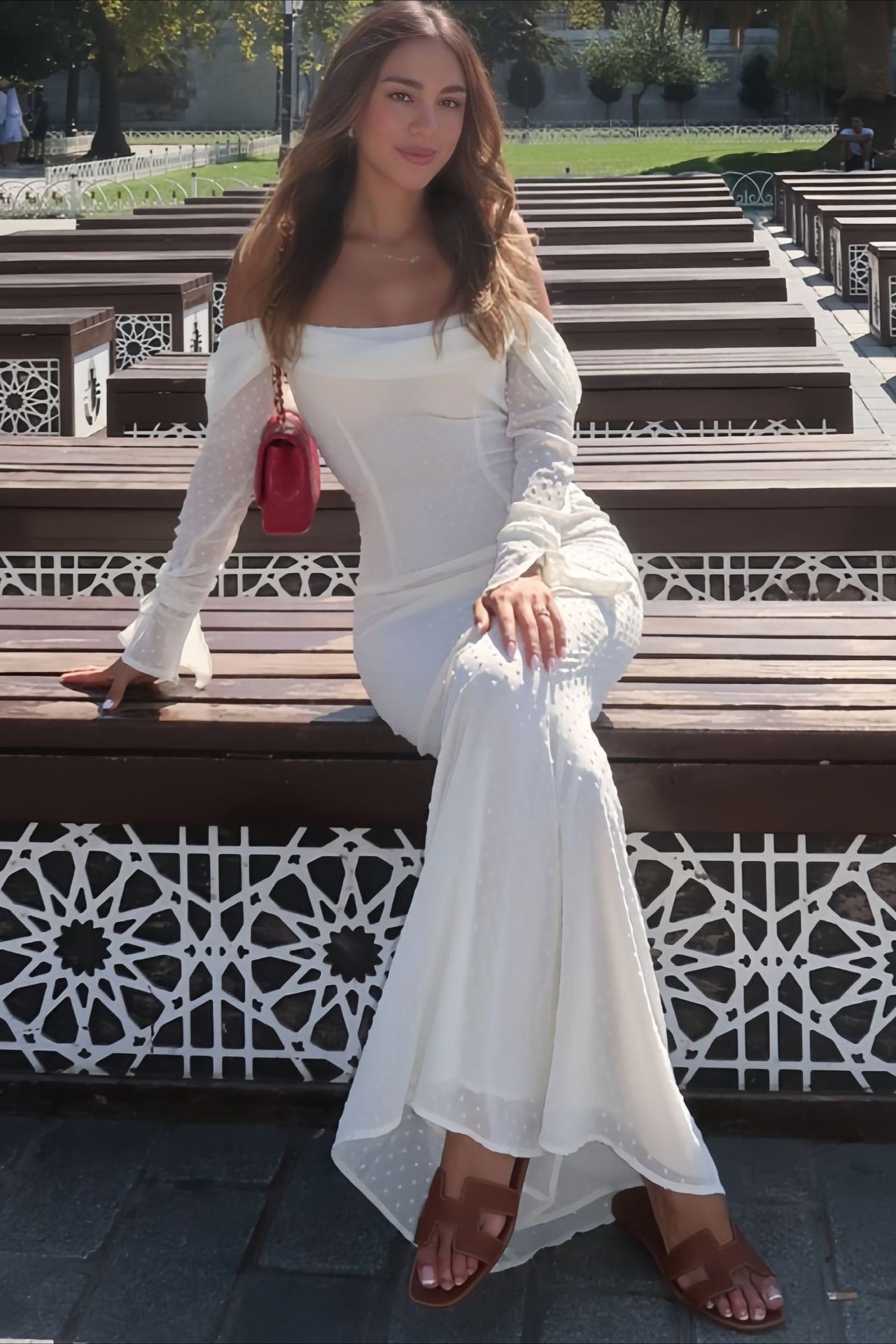 Mesh Double-Layer One-Shoulder Backless Mermaid Long Sleeve Maxi Dress image 1