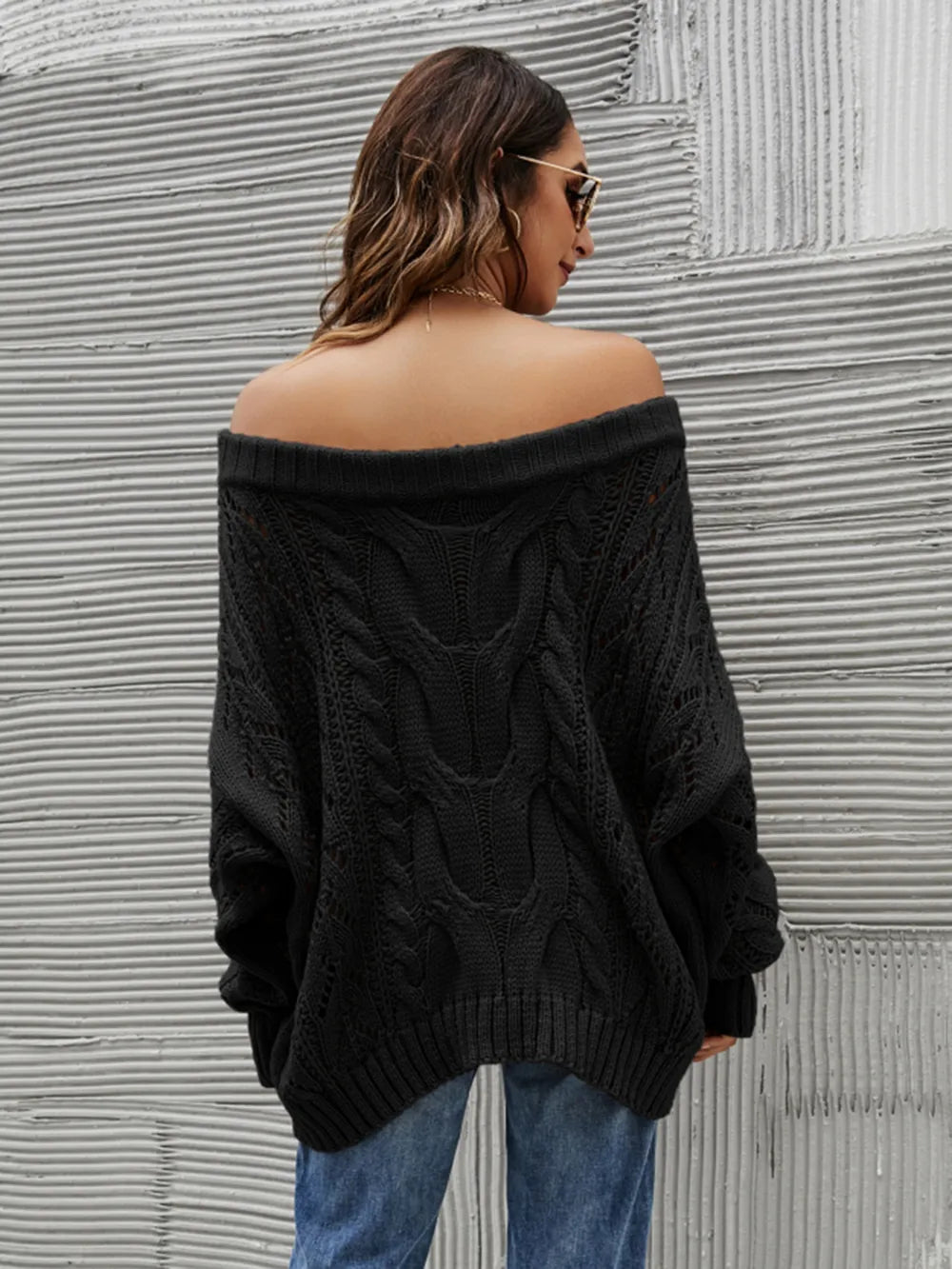 Sabine Off-Shoulder Sweater detail view styled for Avrienne