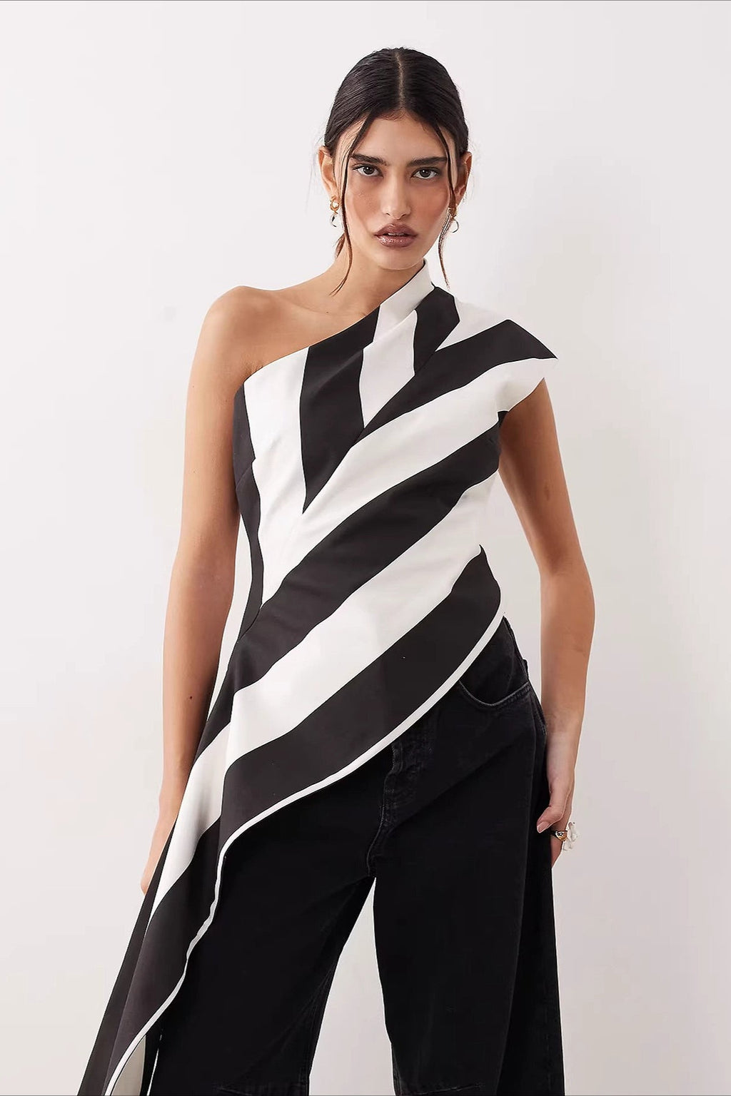Striped Chiffon One Shoulder Tie Blouse image 1