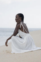 Cotton V Neck Spaghetti Strap Elegant Tie Backless Midi Dress image 9