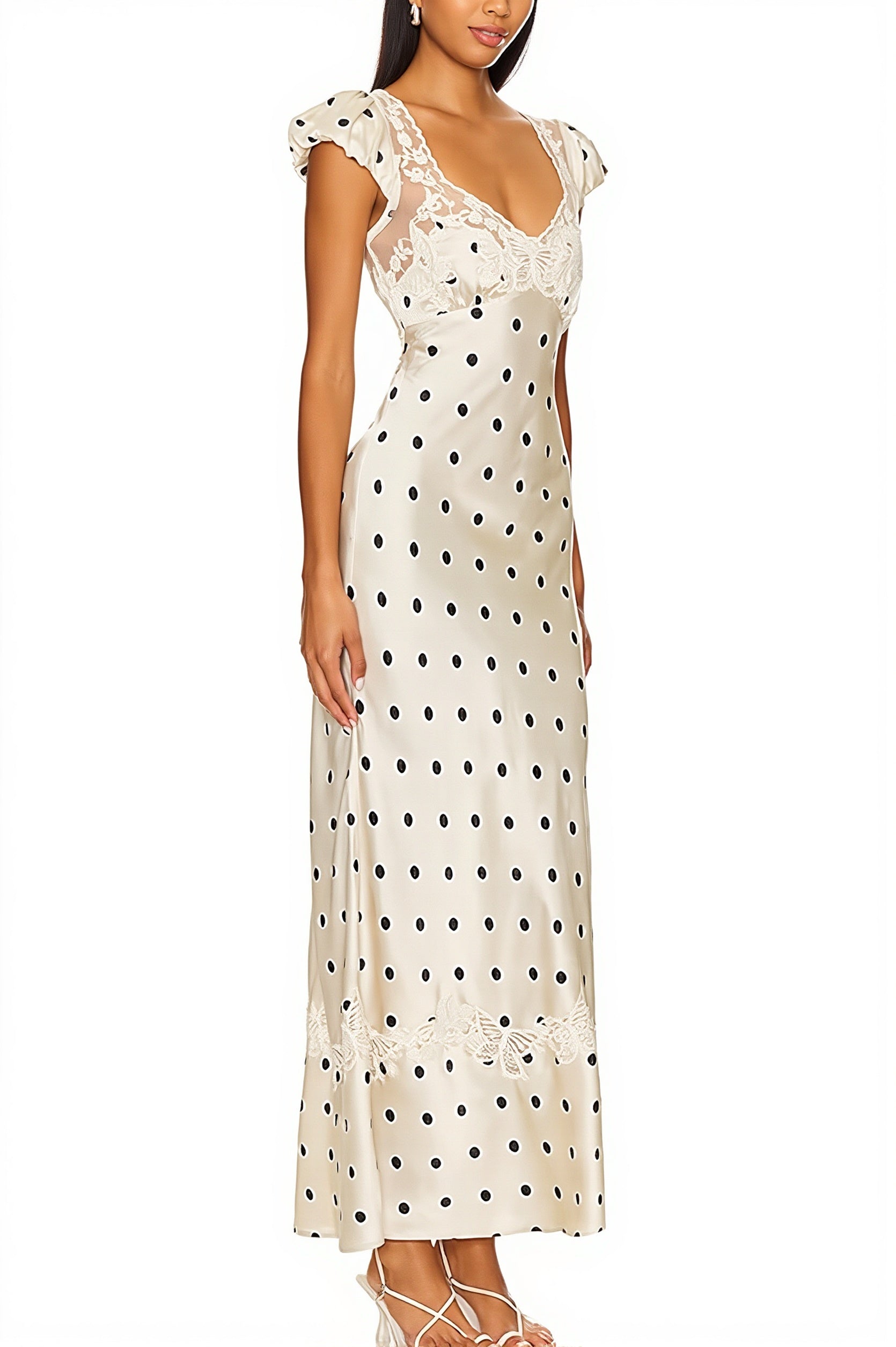 Lace Splice Satin Polka Dot Maxi Dress image 6