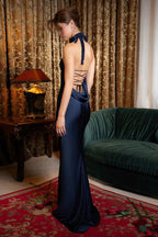 Halter Backless Satin Party Dress image 9
