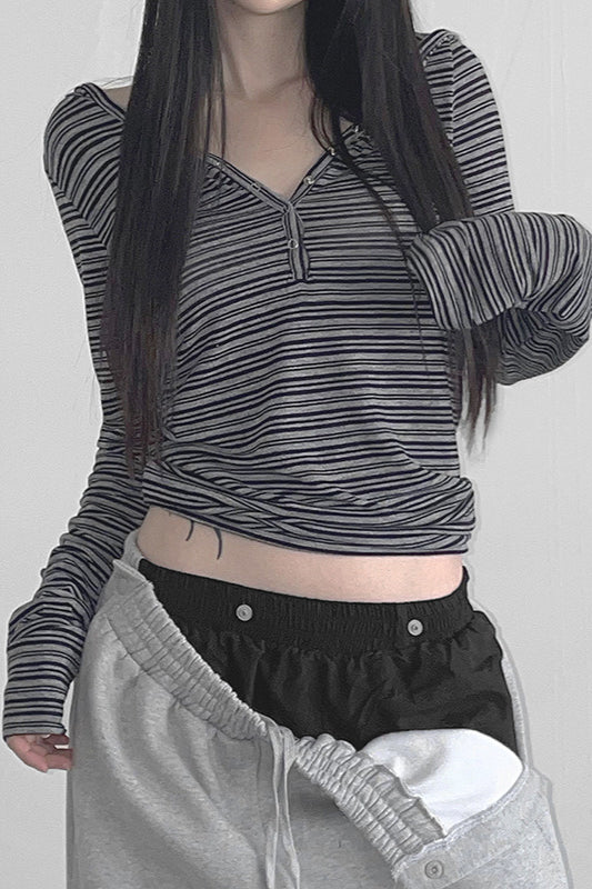 Hooded Striped Color Block Button V Neck Long Sleeve Blouse image 1