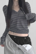 Hooded Striped Color Block Button V Neck Long Sleeve Blouse image 1