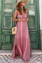 Striped V Slit Spaghetti Long Boho Dress image 1