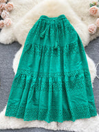 Soleil Eyelet Skirt detail view styled for Avrienne