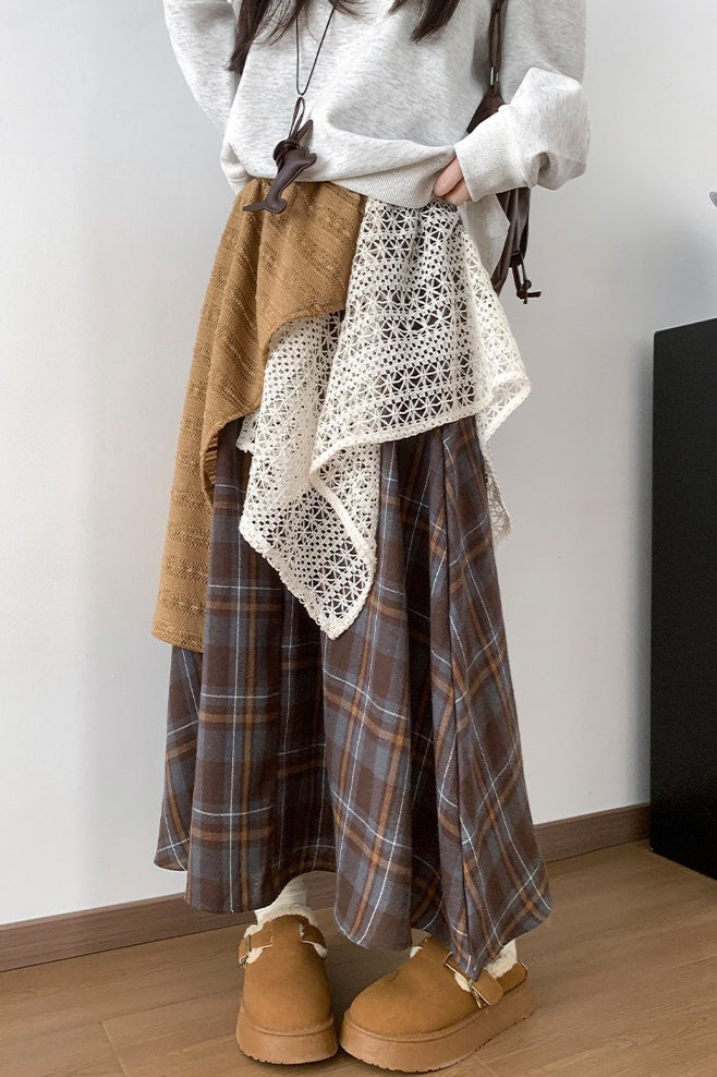Asymmetric Lace Panel Plaid Skirt image 2