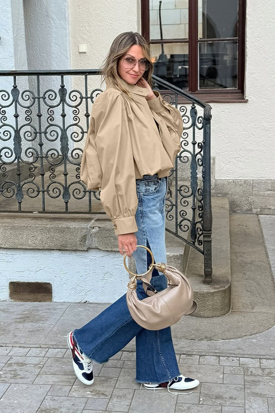 Short Khaki Puff Sleeve Trench Coat image 3
