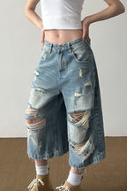 Retro Washed Ripped Whisker Cropped Jeans image 2