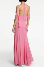 Deep V Halter Pink Ruffle Maxi Dress image 2