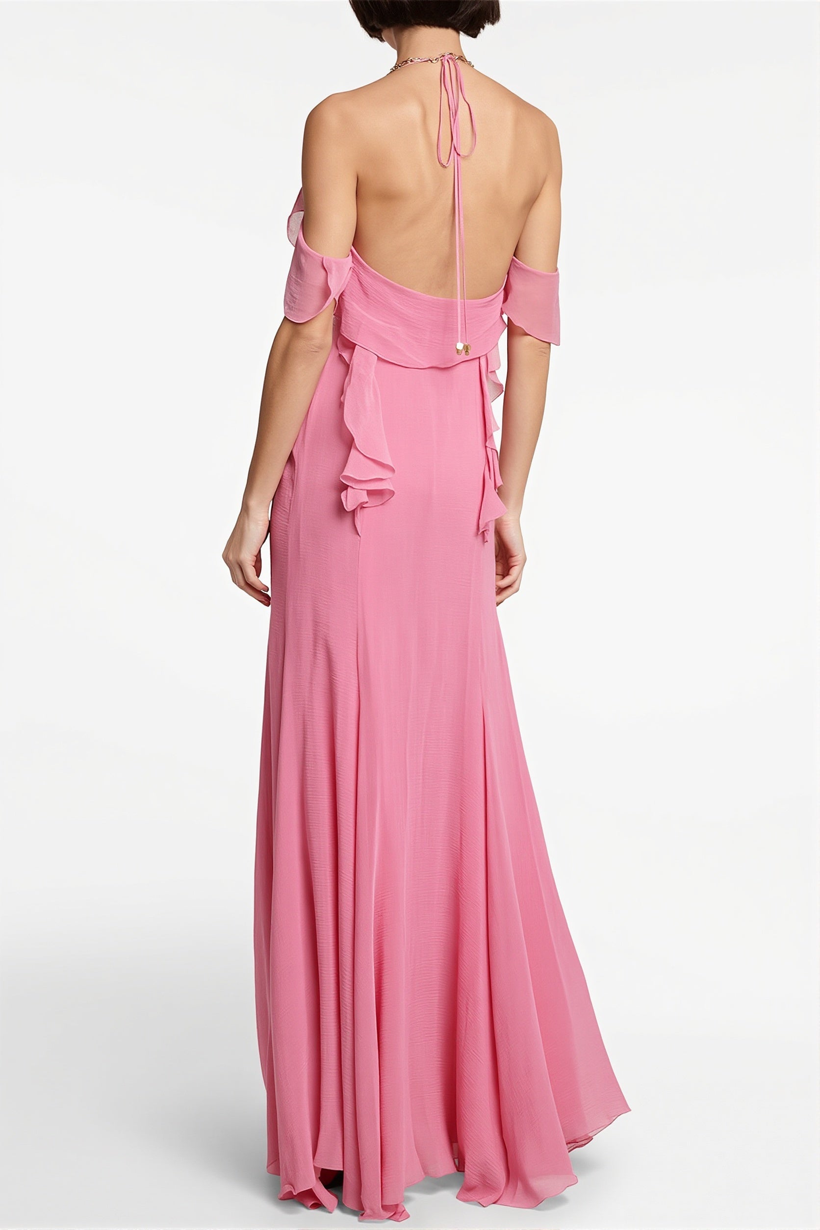Deep V Halter Pink Ruffle Maxi Dress image 2