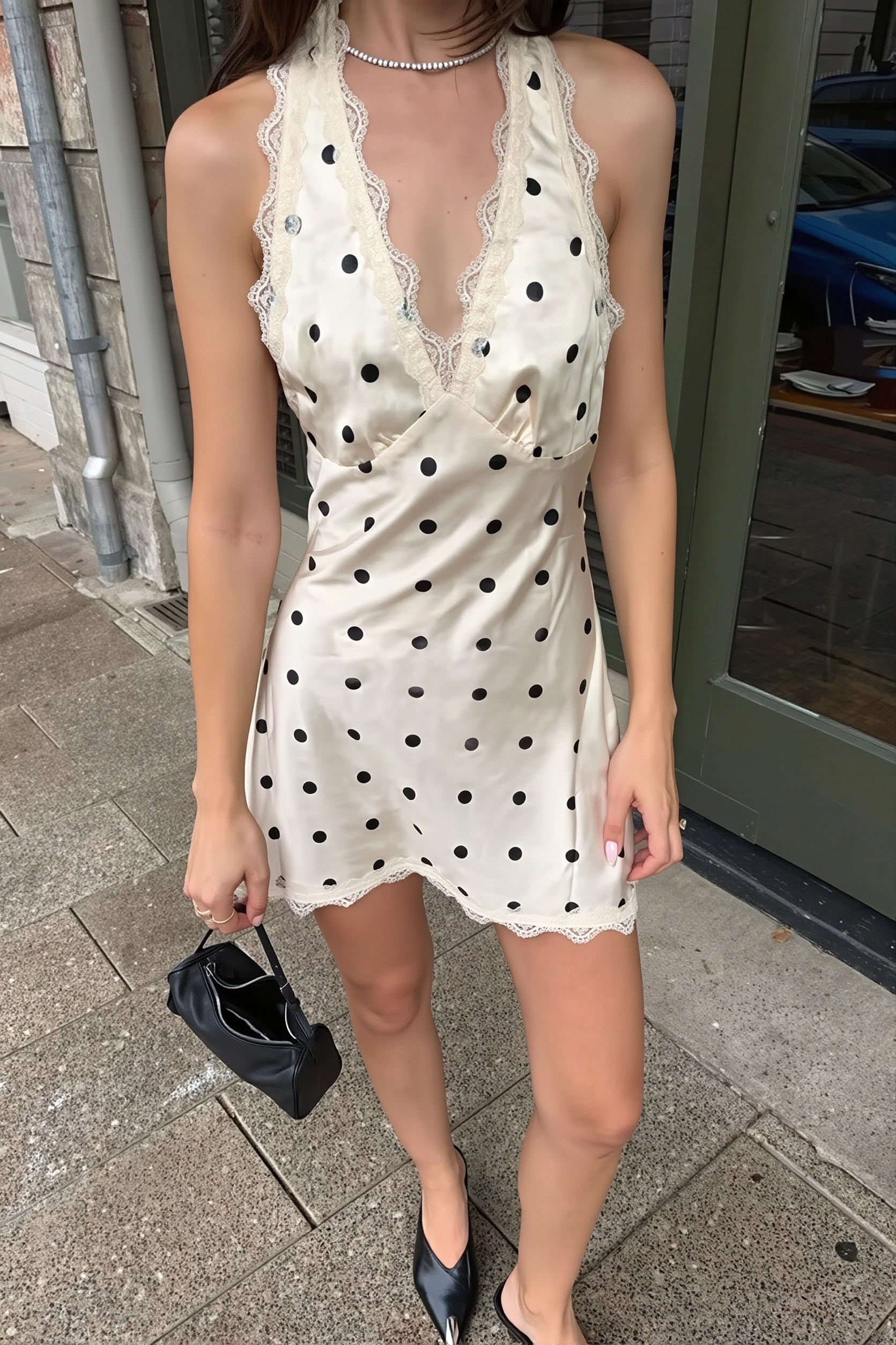 Polka Dot Lace Trim Halter V Neck Mini Dress image 3
