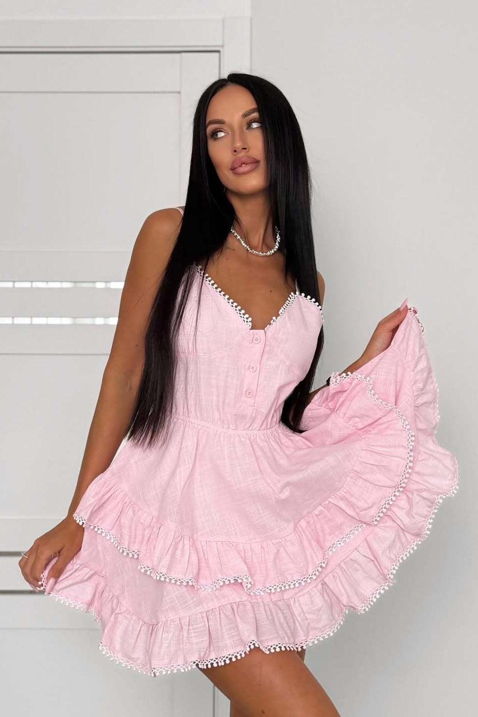 Asymmetric Cami Lace Patchwork Tie Waist Mini Dress image 1