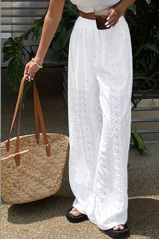 Solid Cutout Embroidered Elastic Waist Pants image 1