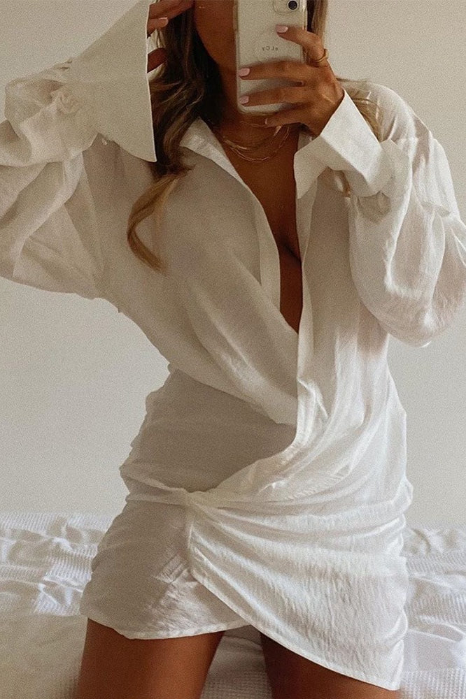 White Linen Plunging V Neck Long Sleeve Shirt Mini Dress image 4