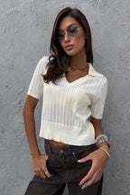 Minimalist Solid V Neck Knit Crop T-shirt image 3