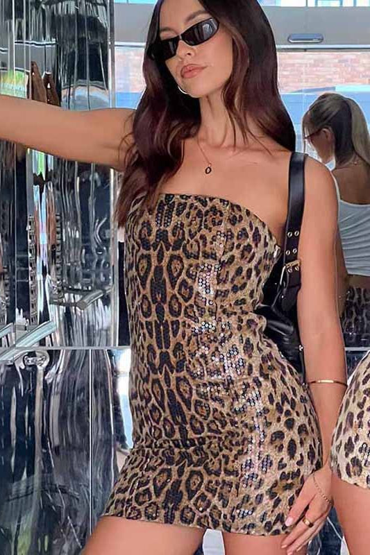 Strapless Leopard Sequin Bodycon Mini Dress image 1
