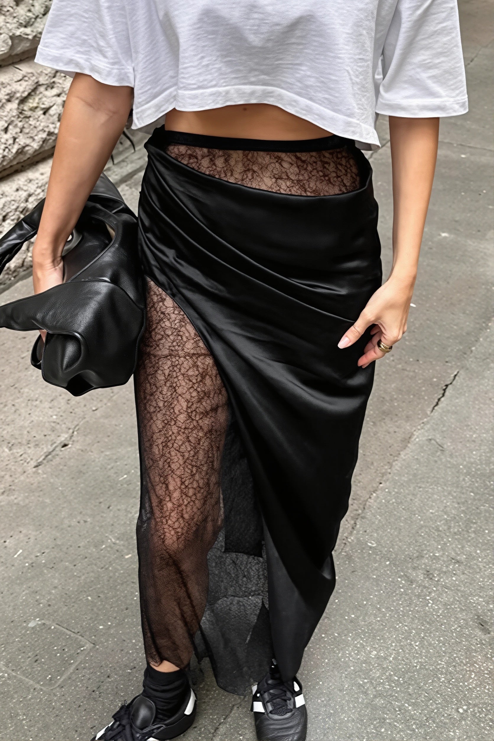 Satin Wrap Lace Slit Asymmetrical Skirt image 4