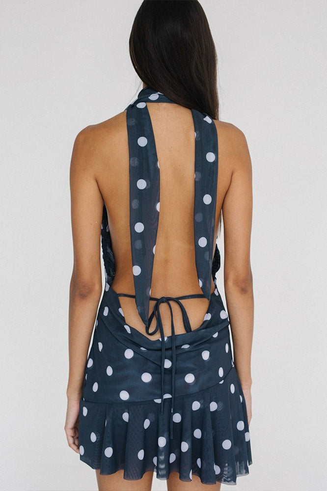 Polka Dot Halter Backless Mesh Mini Dress image 4