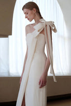 Satin Minimalist Bow High Slit Reception Dress image 2