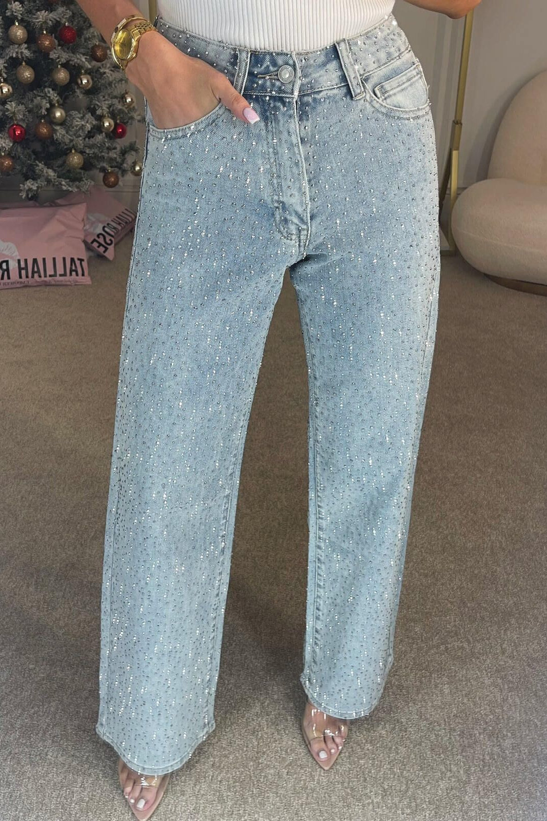 Rhinestone Washed High Waist Jeans image 1