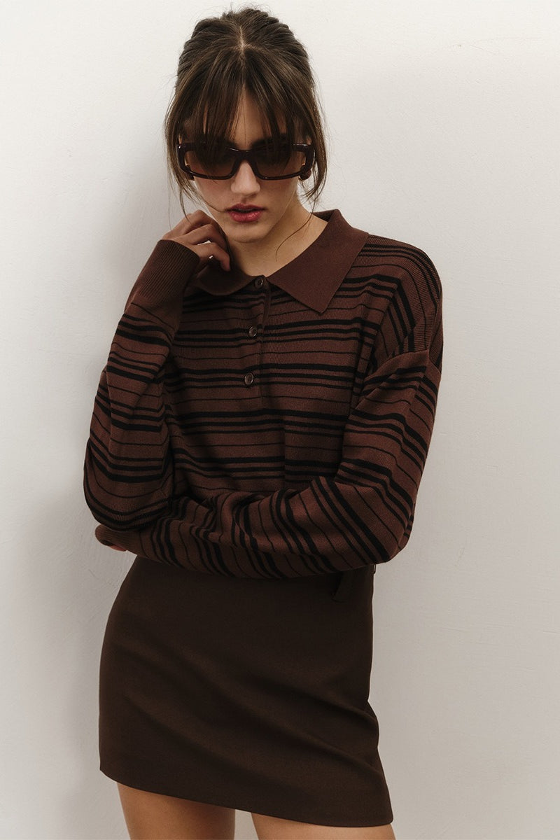 Color-block Stripe Fitted Polo Knit Blouse image 5