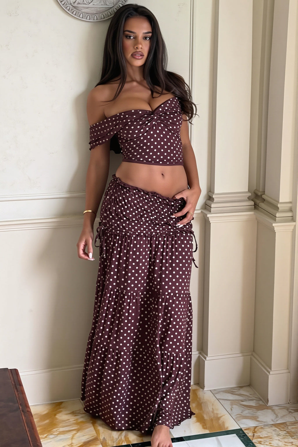 Sexy Off Shoulder Crop Top Polka Dot Fish Tail High Rise Skirt Sets image 6