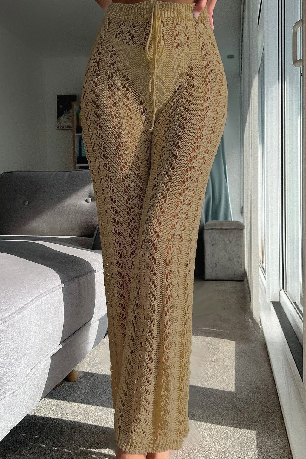 Vacation Knit Hollow Out Tie Flared Pants image 5