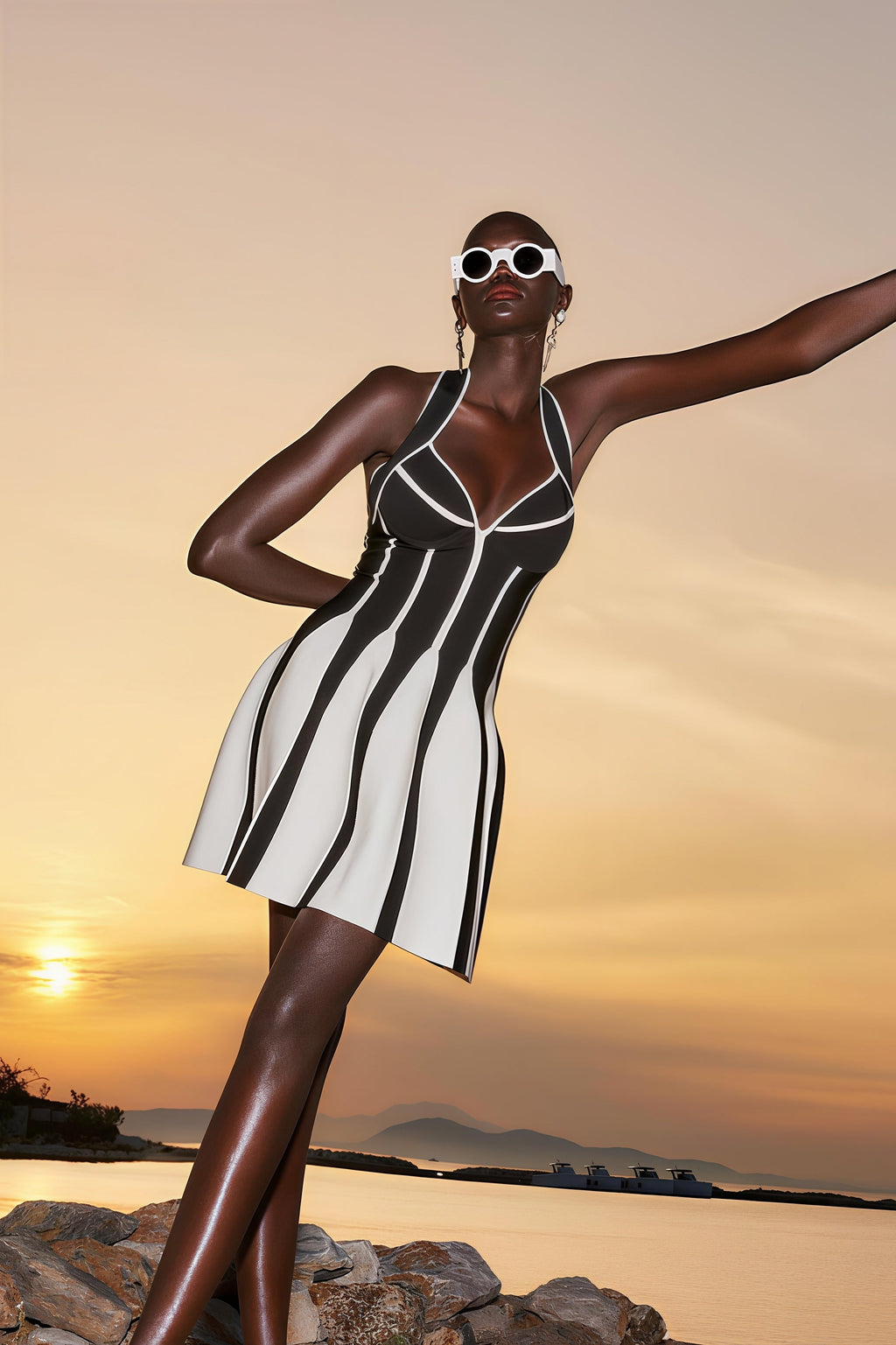 Chic Black and White Halter Waist Cinching Bandage Vacation Mini Dress image 4