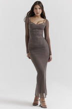 Mesh Lace Patchwork Boned Fitted High Slit Elegant Maxi Dress image 7