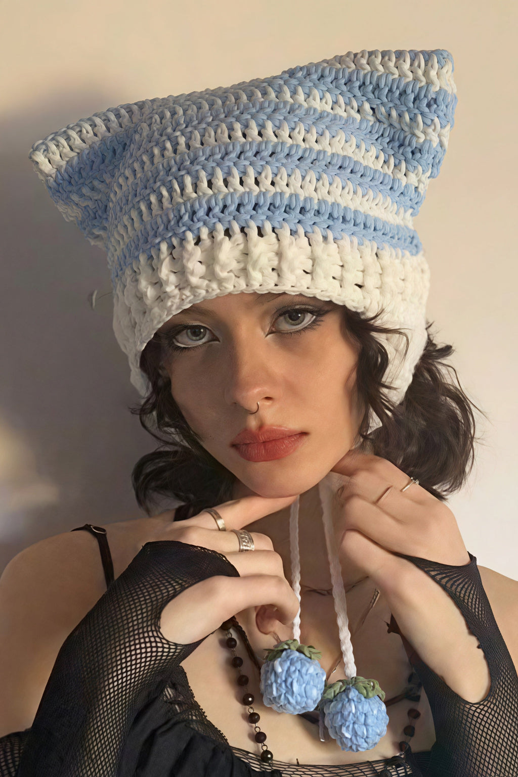 Fox Ears Color Block Striped Pom Pom Knitted Hat image 1