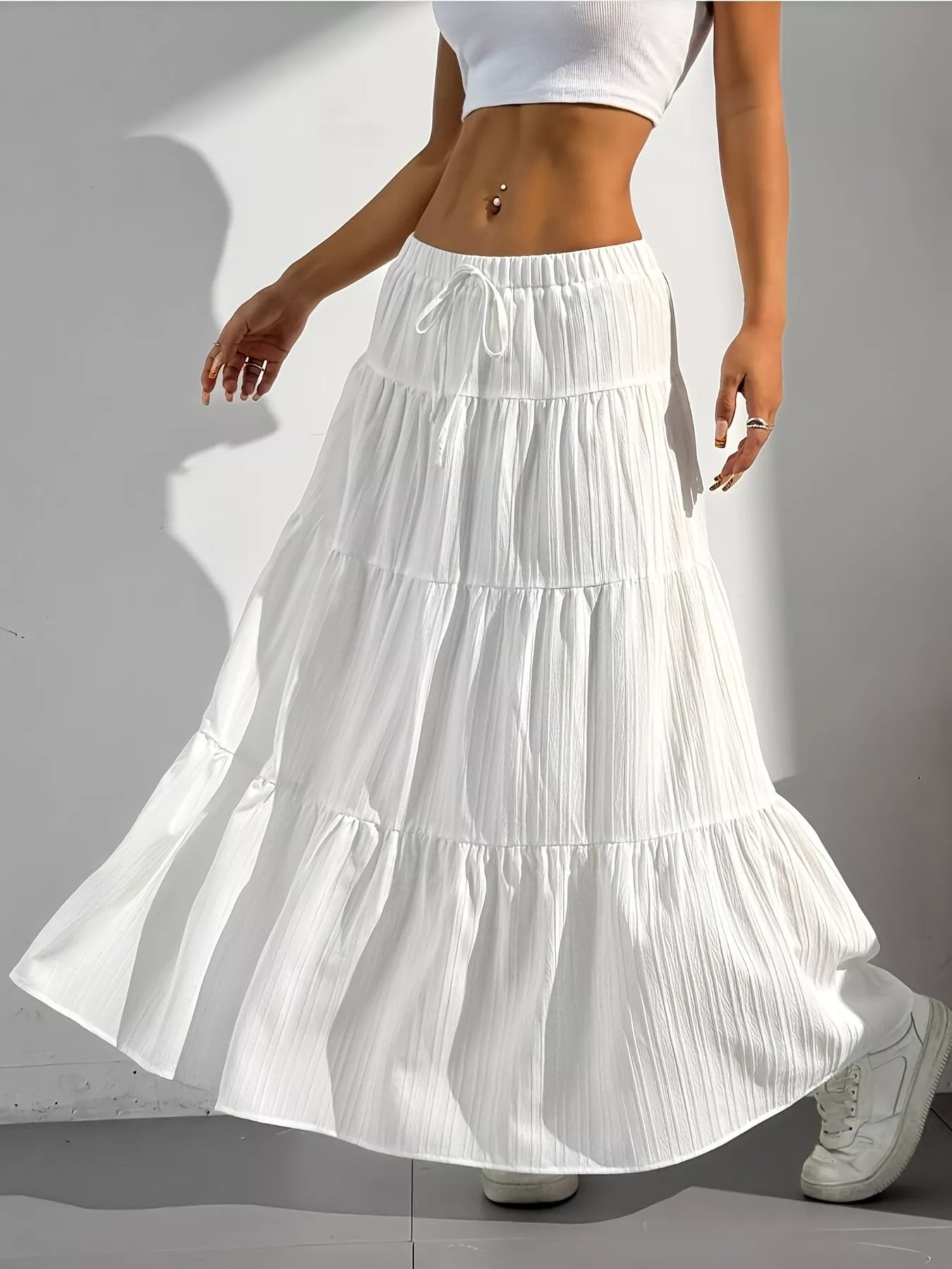 Capri Tiered Maxi Skirt detail view styled for Avrienne