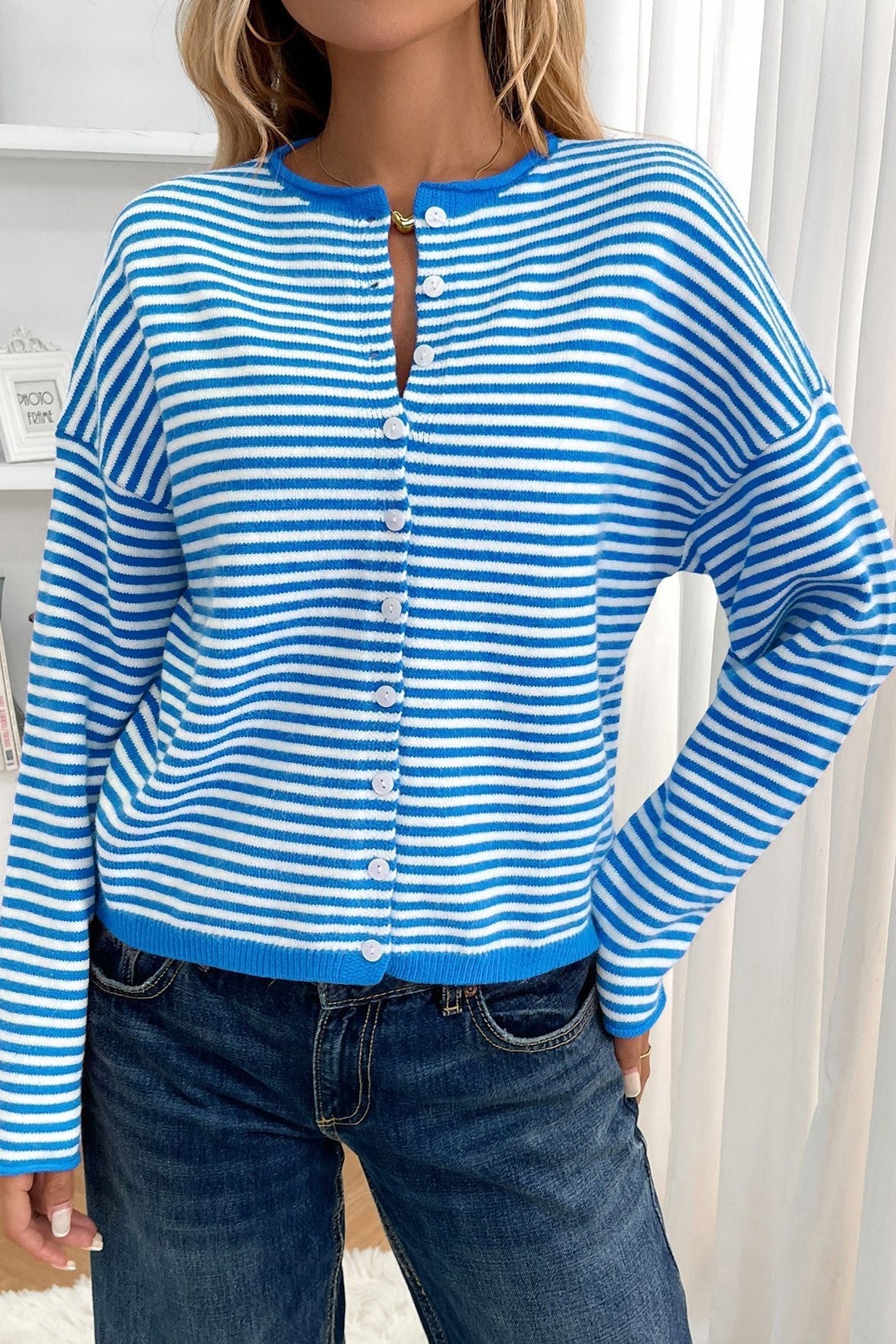 Striped Knit Round Neck Cardigan image 7