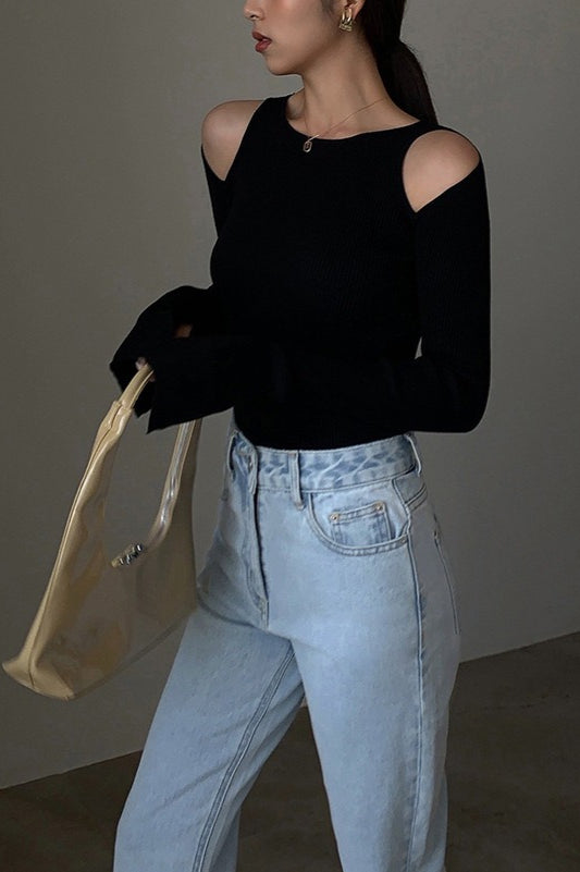 Retro Crew Neck Off-Shoulder Split-Cuff Slim Knit Top image 11