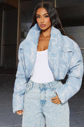 Printed Color Block Crop Quilted Puffer Jacket image 1