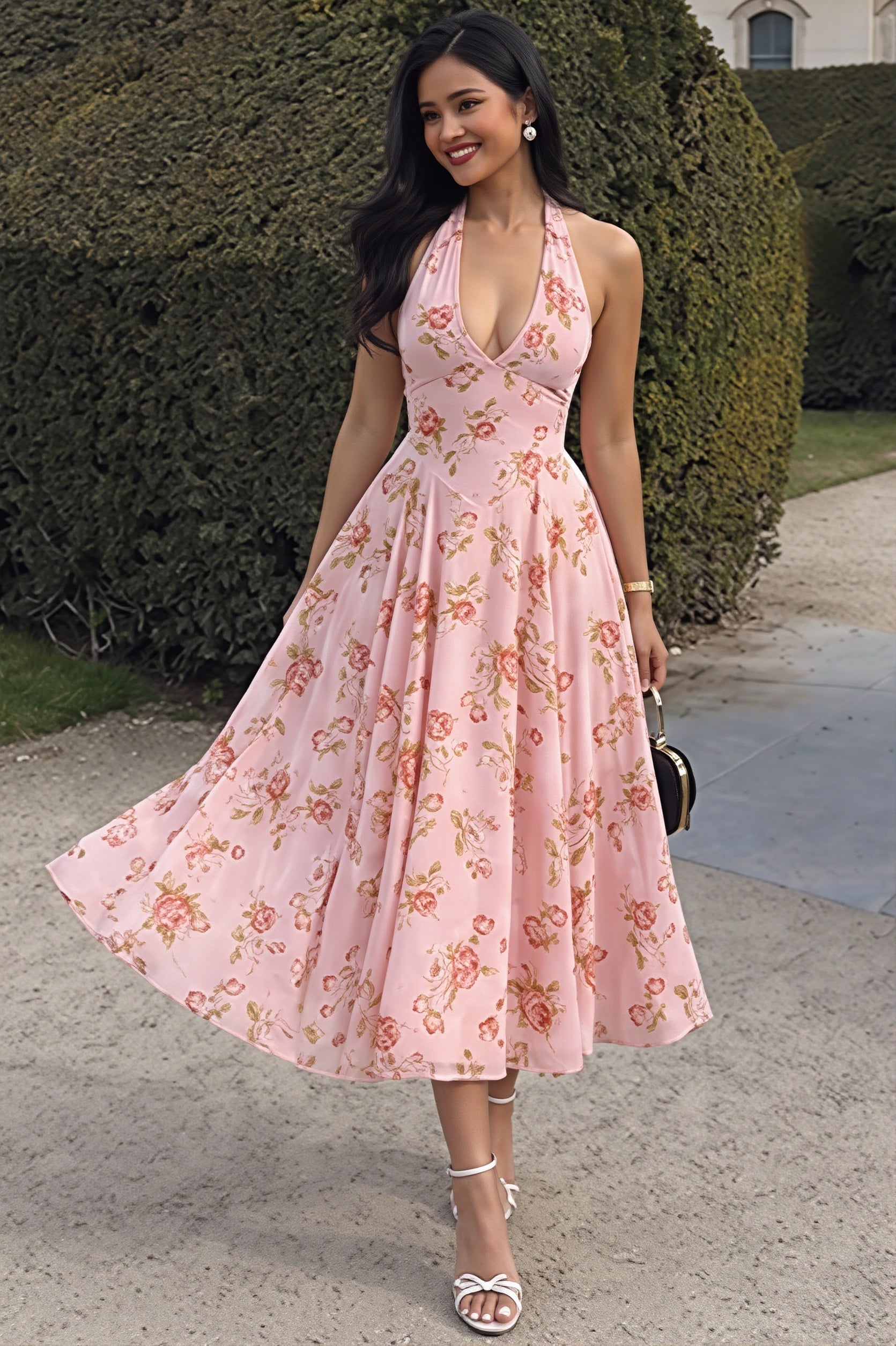 Chic Print Halter Neck V Neck Sheer Mesh Backless Midi Dress image 7