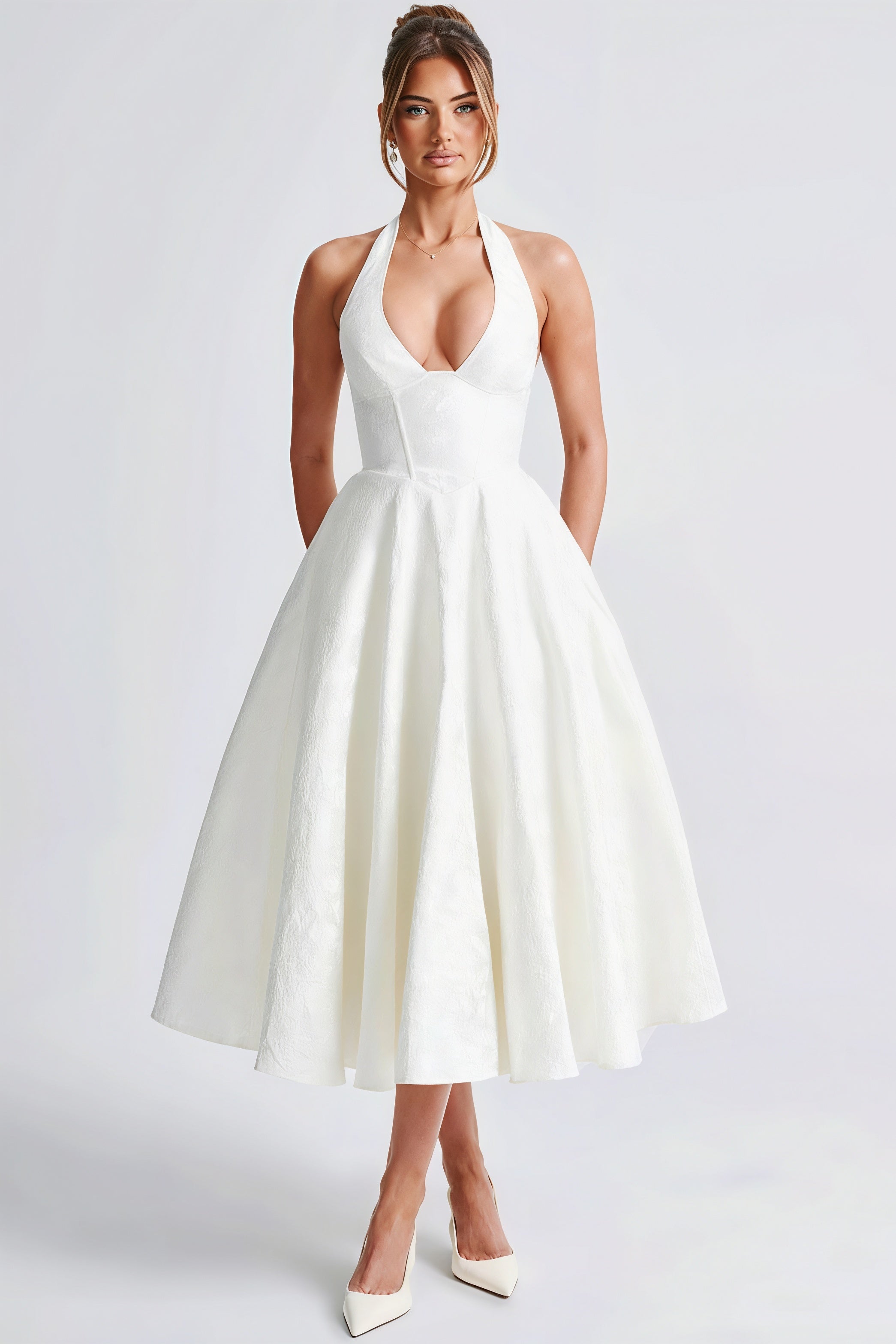Halter V Neck Jacquard Backless Midi Dress image 5