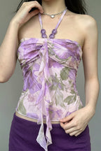 Floral Print Beaded Romantic Halter Top image 4