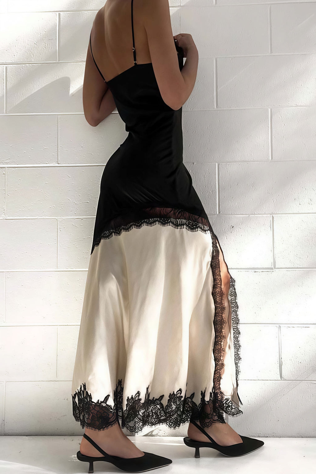 Lace Ruffled Patchwork Asymmetrical Spaghetti Strap Slit Maxi Dress image 7